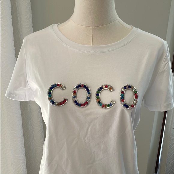 White T-Shirt Colorful Beaded 'COCO' NWOT Boutique Fashion top Small inspired - Picture 2 of 9